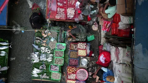 High angle view of fish seller working at the fish market. Stock Footage 274640551