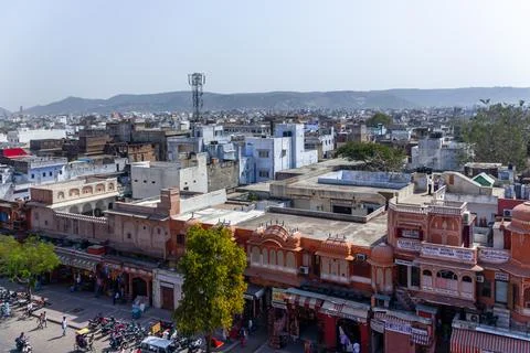 High-Angle View of Flat Rooftops and Traditional Shops in Jaipur Stock Photos
