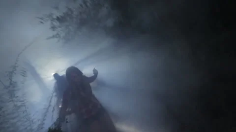 High angle view of frantic friends running in foggy woods at night Stock Footage 191347874