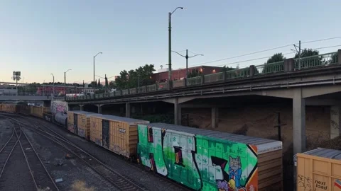 High angle view of freight train on railroad tracks in NE Portland Stockbeeldmateriaal 341120509