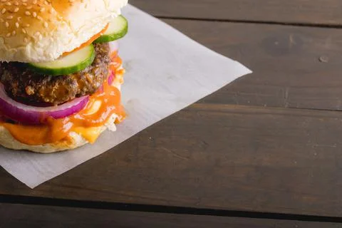 High angle view of fresh burger on wooden table, copy space Stock Photos
