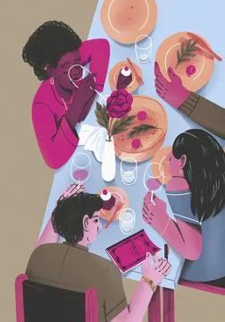 High angle view of friends drinking wine and enjoying dessert at restaurant Stock-Illustration