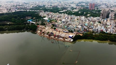 High angle view of ganesh visarjan on people's plaza with heavy cranes Stockbeeldmateriaal 348417293