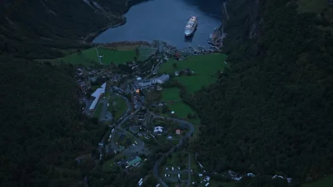 High-angle view of Geirangerfjord with ship on a misty Norway morning Stock Footage 320995826