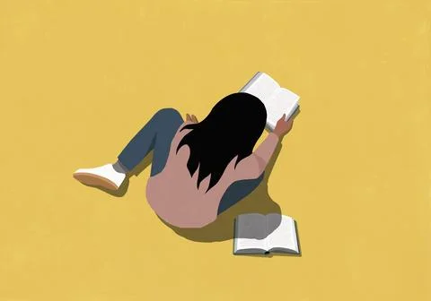 High angle view of girl reading book on yellow background Stock Illustration