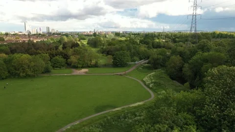 High angle view of a golf track with golf trails and a forest, 4k Video stock 155815996