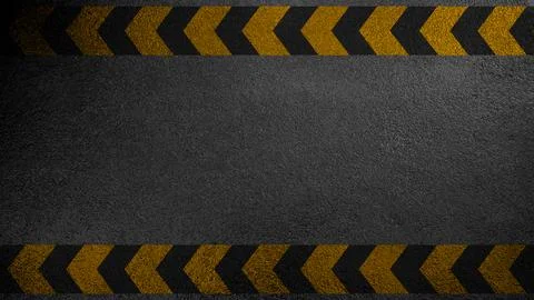 A high-angle view of a grainy black asphalt texture framed by yellow and bl.. Stock Photos