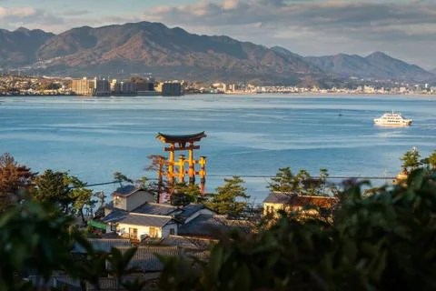 High Angle View of Great floating gate (O-Torii) and Hiroshima city view from Foto stock