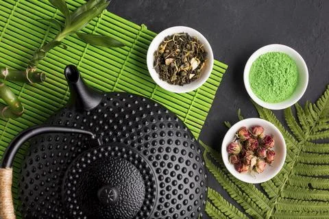 High angle view green matcha tea dry herb Stock Photos