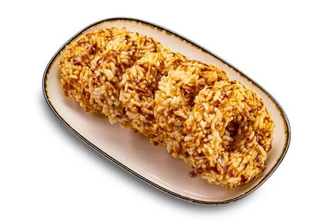 High angle view group of crispy homemade sweet rice crackers with cane sugar. Foto stock