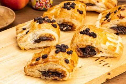 High angle view group of Danish Pastry filled with chocolate cream topping with Foto stock