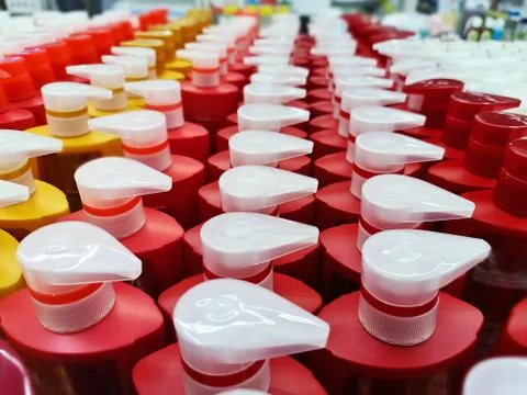 High Angle View of Group of Shampoo Bottles with Dispensing Caps for Sale Foto stock