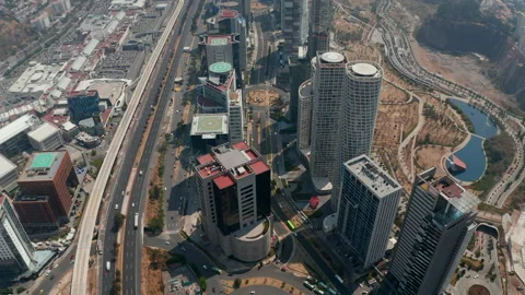High angle view of group of tall skyscrapers in modern Santa Fe city part. Low Video stock 155248138