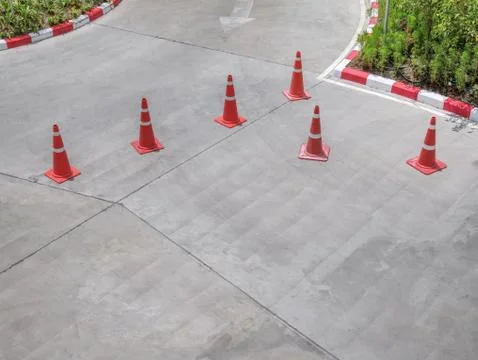 High Angle View of Group of Traffic Cones on the Street Stock Photos