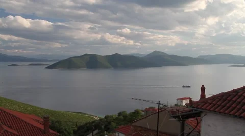 High angle view to a gulf, ferryboat passing Stock Footage 40353094