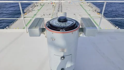 High angle view of gyro compass repeater on vessel navigation bridge wing f.. Stock Photos