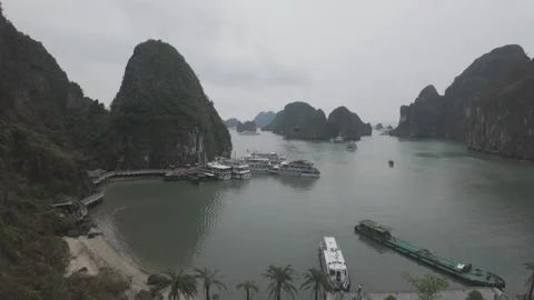 High angle view of ha long bay area in daytime cloudy boats below Stock Footage 287211340