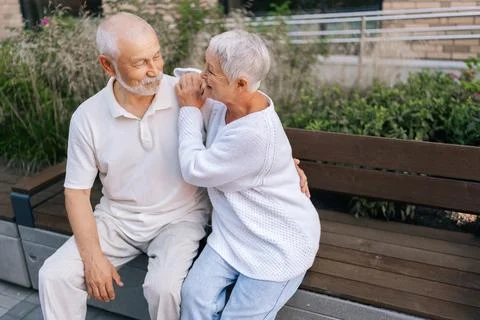 High-angle view of happy elderly couple with gray-haired enjoying each other Stock Photos