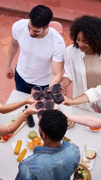 High angle view of happy group of friends toasting with red wine outside in a Stock Photos