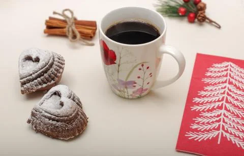 High angle view of heart shape  cookies with a mug of hot coffee, bunch of ci Stock Photos