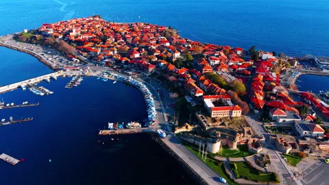 High angle view of historic coastal peninsula town Video stock 334315762