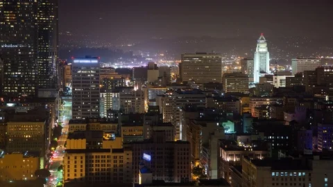High Angle View of Historic Downtown Los Angeles at Night Video stock 76776107