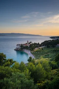 High angle view of historical monastery on Adriatic sea coast in Croatia. Bea 스톡 사진