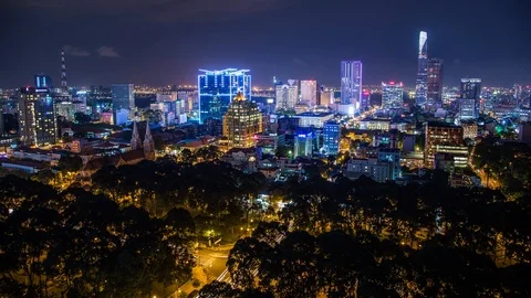 High angle view of Ho Chi Minh City downtown, Vietnam time lapse by night Stock Footage 116853341