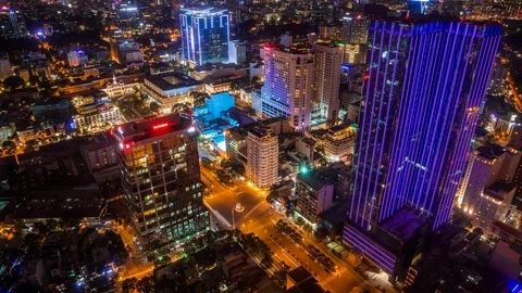 High angle view of Ho Chi Minh City downtown, Vietnam time lapse by night Stock Footage 116856095