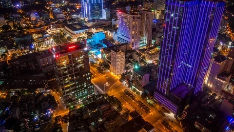 High angle view of Ho Chi Minh City downtown, Vietnam time lapse by night Stock Footage 116856118