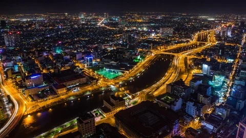 High angle view of Ho Chi Minh City downtown, Vietnam time lapse by night Stock Footage 116856196