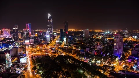 High angle view of Ho Chi Minh City downtown, Vietnam time lapse by night Видео 116875289