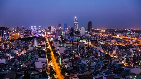 High angle view of Ho Chi Minh City downtown, Vietnam day to night time lapse Vídeo Stock 116875689