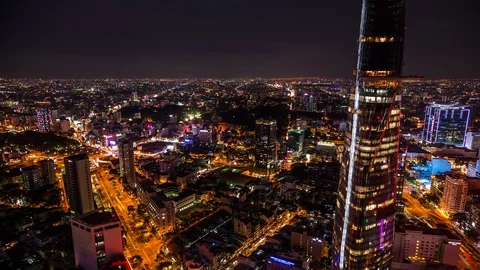 High angle view of Ho Chi Minh City downtown, Vietnam time lapse by night Stock Footage 116875834