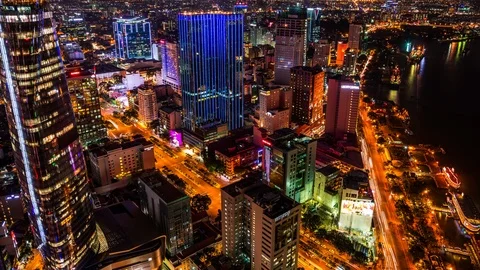 High angle view of Ho Chi Minh City downtown, Vietnam time lapse by night Stock Footage 116876250