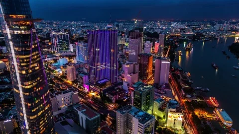 High angle view of Ho Chi Minh City downtown, Vietnam day to night time lapse 動画素材 116877522