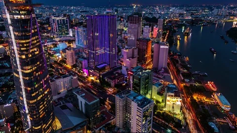 High angle view of Ho Chi Minh City downtown, Vietnam day to night time lapse Vídeo Stock 116877553