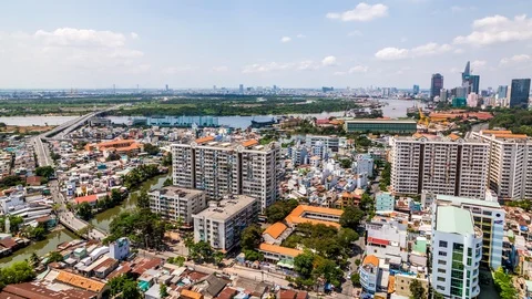 High angle view of Ho Chi Minh City downtown, Vietnam time lapse Stockbeeldmateriaal 116878692