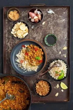A high angle view of home made vegan Indonesian jackfruit rendang. 写真素材