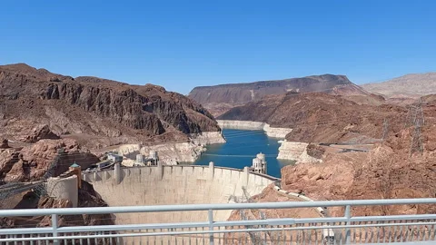 A high-angle view of the Hoover Dam and the Colorado River reservoir surround-44 Stock-Footage 346411196