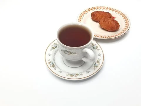 High Angle View of Hot Black Coffee Cup with Croquette Plate Stock Photos