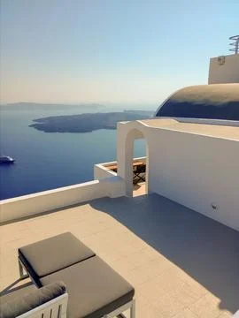 High angle view of house, panoramic terrace and sea in  santorini Stock Photos