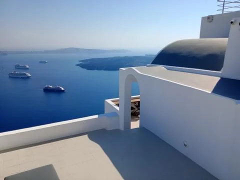 High angle view of house, panoramic terrace and sea in  santorini Stock Photos