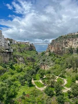 High angle view of the iconic Sidi M'Cid suspension bridge spanning over the  Stock Photos