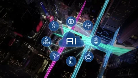 High angle view of illuminated city streets with digital networks and data nodes 스톡 동영상 346186516