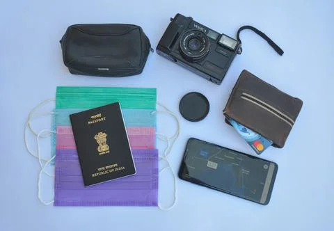 High angle view of important accessories of travel isolated Stock Photos