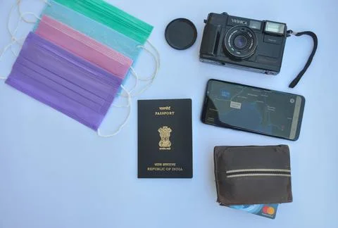 High angle view of important accessories of travel isolated 写真素材