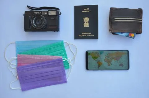 High angle view of important accessories of travel isolated Stock Photos