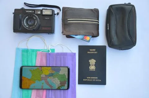 High angle view of important accessories of travel isolated Foto stock