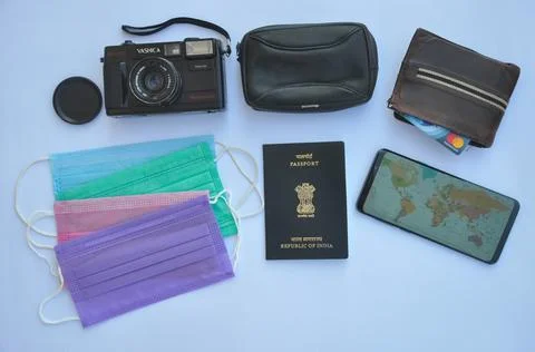 High angle view of important accessories of travel isolated Stock Photos